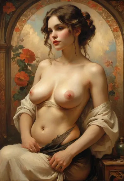 ((victorian gothic sex fantasy)), the most beautiful voluptuous gilf in the world straddling a young man, riding his massive cock, chiaroscuro, ((beautiful mature woman:1.2)), ((style of J C Leyendecker:1.2)), ((engorged veiny tits)), ((massive swollen breasts)), ((natural hairy vulva, swollen natural labia:1.2)), slutty lewd grin, sweaty, ((shiny oiled skin:1.3)), hourglass figure, flat stomach, gorgeous, seductive, squeezing nipples, ((background in style of Alphonse Mucha:1.2)), digital, painting, style, dim, light, <lora:MJ52:.8>, <lora:LaxpeintXL-2.0:.8>, <lora:polyhedron_chiaroscuro-000005:.8>
