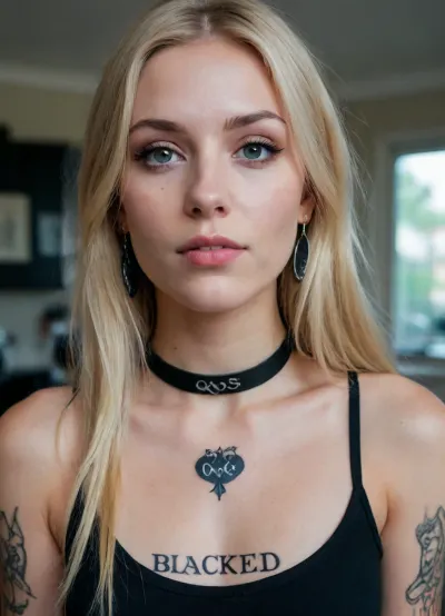 A black top with "‌Blacked" written on it, QOS choker, spades tattoo, spades earrings, blonde dyed German girl, long hair.
