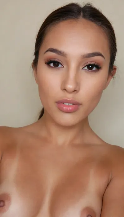 A Filipina's slut face, (narrow flat nose with a surgically sculpted tip), (defined jawline with a sharp, masculine edge, high and prominent zygomatic arches, sculpted cheekbones), (27 years old), dark brown tanned skin, (very full lips, mahogany matte lipstick), masculine jaw, looking straight at camera, (closed lips:1.2), face portrait, round face