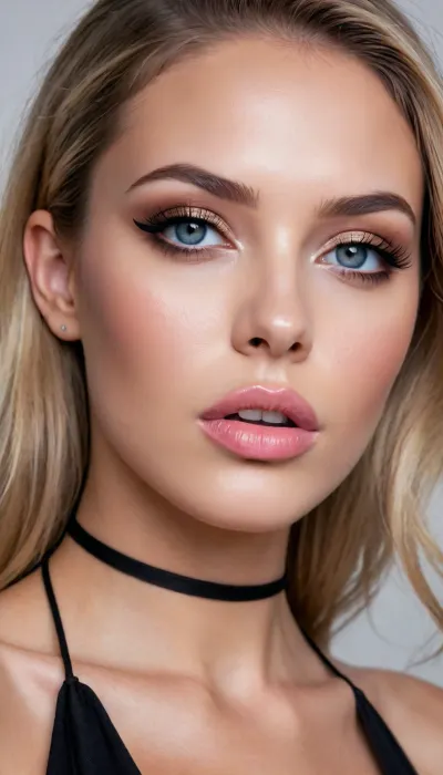 looking at viewer, seductive expression, lips slightly parted

flawless glistening oiled honey-toned synthetic skin

beautiful face, sharp high cheekbones, sharp jawline, pointed chin
deep-blue eyes, subtle charcoal-gray eyeshadow, black tightlining, long black eyelashes, soft medium-thin deep-brown eyebrows
full plump lips, glossy nude-pink lipstick
long straight blonde hair
long triangular crystal earrings, choker