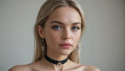 beautiful face, (sharp high cheekbones, sharp jawline, pointed chin:1.3), deep-blue eyes, subtle charcoal-gray eyeshadow, sharp thin black tightlining, long black eyelashes, soft medium-thin deep-brown eyebrows
full plump lips, glossy nude-pink lipstick
long straight blonde hair
long triangular crystal earrings, choker