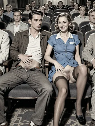 This is a detailed monochromatic pencil drawing in a classical illustrative style depicts a scene set in in the movie theater in the 1950s, 1 younger guy and 1 older woman, The younger guy 's hand is on the woman's crotch, The younger guy touchs milf's hairy labia by fingers while watching the movie, woman smiling, younger guy look at her, woman is wearing a 1950s blue dress and Her dress is slightly pulled up, pubic hair, hairy pussy, lshe is wearing brown stockings but no panties, lady heels. her genitals are slightly visible, Her knees are spread, the guy is casually dressed with unzipped open trousers, with brown hair, younger guy is looking sexually aroused and lustful, head tilted back enjoying, candid amateur picture, younger guy is fully visible, (((both younger guy and woman are looking straight ahead at camera))), The overall style is a black and white pencil drawing, capturing a candid moment. The scene has a formal, organized atmosphere.The cinema is full of people sitting, The overall mood is intense, rendered in fine, expressive line work and subtle shading, evoking the style of 1950s satirical or moralistic illustrations.