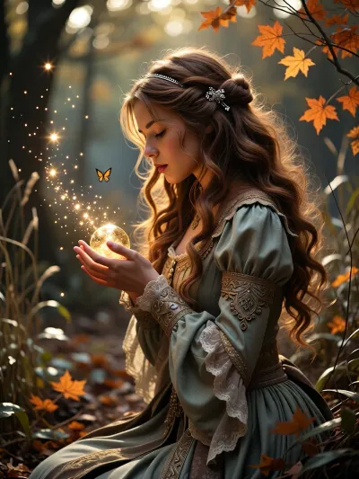 A serene fantasy portrait of a young woman in profile, kneeling amidst an enchanted autumn forest. She has long, voluminous wavy auburn hair adorned with delicate silver hairpins and a thin headband. Her expression is peaceful and contemplative, gaze directed downward at her cupped hands. She wears an ornate, vintage-style gown in muted sage green, featuring intricate gold embroidery, lace cuffs, and textured fabric details. In her hands, she cradles a glowing orb of golden magical light that illuminates her face and casts shimmering particles into the air. A small butterfly hovers near the magic. The background is a soft-focus woodland scene filled with falling orange maple leaves, tall dry grass, and dappled sunlight streaming through tree branches. Lighting is warm, ethereal, and backlit, creating a halo effect around her hair and emphasizing floating sparkles. Style, high-fantasy digital art, cinematic lighting, shallow depth of field, rich color grading with golden hour tones, highly detailed textures, dreamy atmosphere, 8K resolution, photorealistic yet painterly aesthetic.