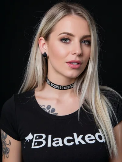 A black top with "‌Blacked" written on it, ((QOS choker)), spades tattoo, spades earrings, blonde bleached German woman, 30yo, long hair.