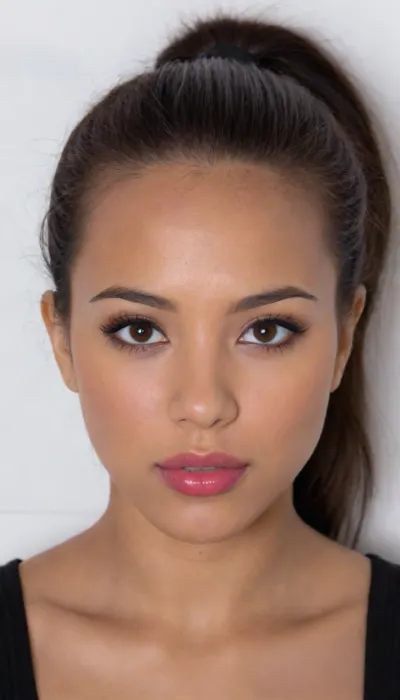 A Filipina's slut face, (27 years old), . dark brown tanned skin, (full lips, dark-brown-pink lipstick), masculine jawline, looking straight at camera, passport photo