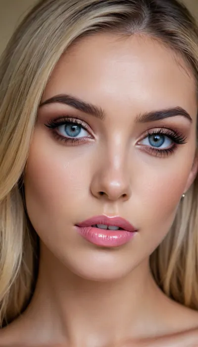 looking at viewer, seductive expression, lips slightly parted

flawless glistening oiled honey-toned synthetic skin

beautiful face, sharp high cheekbones, sharp jawline, pointed chin
deep-blue eyes, subtle charcoal-gray eyeshadow, black tightlining, long black eyelashes, soft medium-thin deep-brown eyebrows
full plump lips, glossy nude-pink lipstick
long straight blonde hair
long triangular crystal earrings, choker

huge fake tits