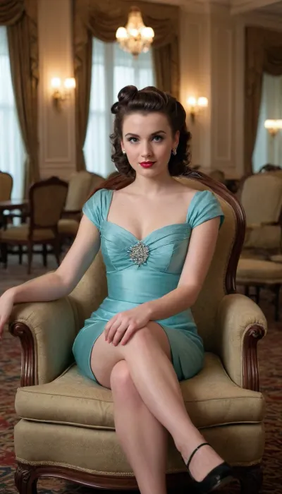 Petite, (wearing a 1940s style prom dress), 25 year old woman, brunette hair, (fancy 1940s style up-do hairstyle), (sitting on an overstuffed chair in the foyer of a grand hotel)
