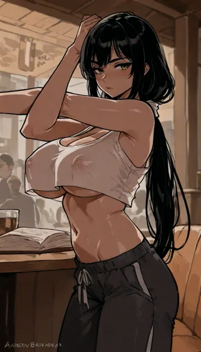 Score_9, score_8_up, score_7_up, (((Andrew Bawidamann style art style:1.3))), masterpiece, 1girl, big natural saggy breasts, hard erect nipples, underboobs, perfect hourglass figure, extremely slim waist, flat belly, straight long black hair tied to a low ponytail, perfect beautiful green eyes, breasts naked, sitting in a cozy sofa, stretching, nearby a cafe table, cafe patio, outside, heavily crowded public place, thin white skinthight tank top, baggy pants, standing, reading a book, sideview, lineart, line, art, flat, colors, color, <lora:outline_xl_kohaku_delta_spv5x:.5>, <lora:lineartSDXL:.8>, <lora:EnvyBeautyXL02:1.2>, <lora:EnvyAnimeDigitalPaintingXL01:1.7>, <lora:mk_Bp Anime_xl:1.1>