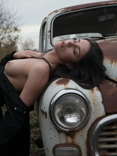 a young woman leaning against the bonnet of an old rusted abandoned car, head tilted back, eyes half closed, expression distant and languid, long dark hair loose and windswept, breasts exposed, black clothing dissolving into the dark foreground, the car heavily rusted, pale paint peeling, round vintage headlight prominent in the frame, the car filling the background behind her, overcast flat grey sky, bare autumn trees dissolving into soft bokeh, cool and muted tones, rust and pale grey palette, analogue film, heavy grain, scratches and film imperfections, Kodak Portra 400 underexposed, cool and melancholic, shallow depth of field, the woman sharp against the soft dissolved background, quietly devastated, the rusted car as metaphor
