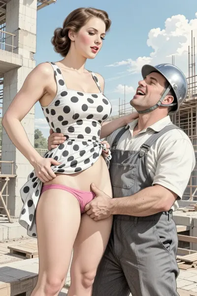 This is is a detailed monochromatic pencil drawing in a classical illustrative style depicts a scene set in USSR in 1950s, bright, colorful colors, summer, bright sunshine, Beautiful sexy brown elegant hairstyle mother stands leaning over at the construction site, wearing in polka dot summer dress, the hem of the dress is pulled up, pink panties are visible, fully clothed very ugly lustful fat construction worker in the coverall and a construction helmet who are hard Grabs her pubic by fingers, looking up, seductive face, The man laughs mockingly, The overall mood is intense, rendered in fine, expressive line work and subtle shading, evoking the style of 1950s satirical or moralistic illustrations.