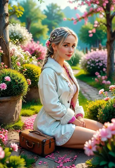 (smooth rendering and vibrant colors:.1), outdoor, artistic, high-angle, 40 yo, lovely mature female character with silver-white hair tied in two braids wears a white fur-trimmed coat and a hat adorned with a pink flower, she sits atop an ornate blossom-shaped travel case crafted from light wood and pink petals featuring intricately curved decorations, rough-paved path, lush green grass, dark trees, cute detailed cartoon style with soft lines and vibrant pastel colors, isometric, dynamic, soft lighting, sunny day, cheerful, fairytale-like, playful, imaginative, natural beauty, /KlTTY-ART/, <lora:COMFYUI_mimic_landscape_-_XL_SDXL v2.0:.5>, <lora:attractive_notrigger:.1>, <lora:MJ52:.1>