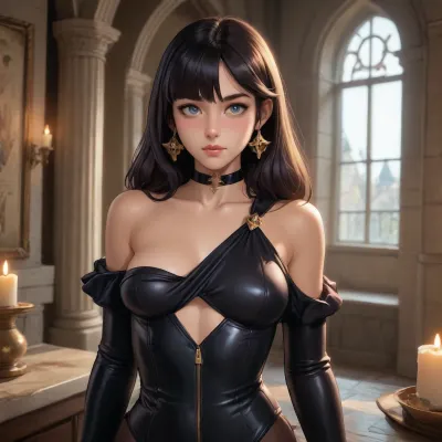 mona from genshin impact dross style reiq meets, woman, very nice sexy woman dark brünette hair in the black leather catsuite, one big natural breast is bulging out her dress, standing in a castle