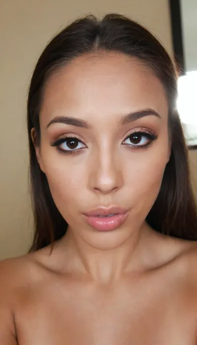 (A Filipina's slut face:1.2), (narrow flat nose with a surgically sculpted tip), (defined jawline with a sharp, masculine edge, high and prominent zygomatic arches, sculpted cheekbones), (27 years old), dark brown tanned skin, (very full lips, mahogany matte lipstick), masculine jaw, looking straight at camera, (closed lips:1.2), face portrait, round face