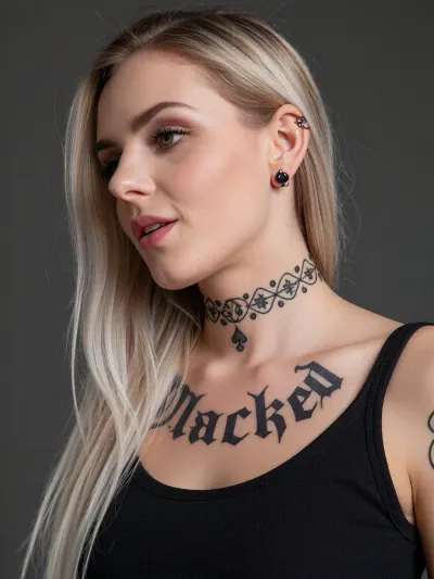 A black top with Blacked written on it, QOS choker, spades tattoo, spades earrings, blonde bleached German woman, 30yo, long hair.