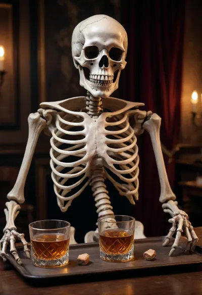 bare bones skeleton with a tray in hands brings you glass of whiskey