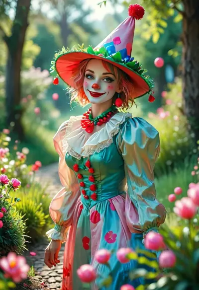 (smooth rendering and vibrant colors:.1), outdoor, artistic, high-angle, 40 yo, lovely mature female clown with a mischievous grin and a red-green-blue jester's hat juggles glowing orbs, pink petals, intricately curved ornaments, a rough-paved path, lush green grass, dark trees, cute and detailed, soft lines and vibrant pastel colors, isometric, dynamic, soft light, sunny day, cheerful, fairytale-like, playful, imaginative, natural beauty, /KlTTY-ART/, <lora:COMFYUI_mimic_landscape_-_XL_SDXL v2.0:.1>, <lora:attractive_notrigger:.1>, <lora:MJ52:.1>