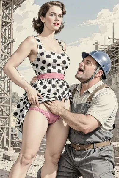 This is is a detailed monochromatic pencil drawing in a classical illustrative style depicts a scene set in USSR in 1950s, bright, colorful colors, summer, bright sunshine, Beautiful sexy brown elegant hairstyle mother stands leaning over at the construction site, wearing in polka dot summer dress, the hem of the dress is pulled up, pink panties are visible, fully clothed very ugly lustful fat construction worker in the coverall and a construction helmet who are hard Grabs her pubic by fingers, looking up, seductive face, The man laughs mockingly, The overall mood is intense, rendered in fine, expressive line work and subtle shading, evoking the style of 1950s satirical or moralistic illustrations.