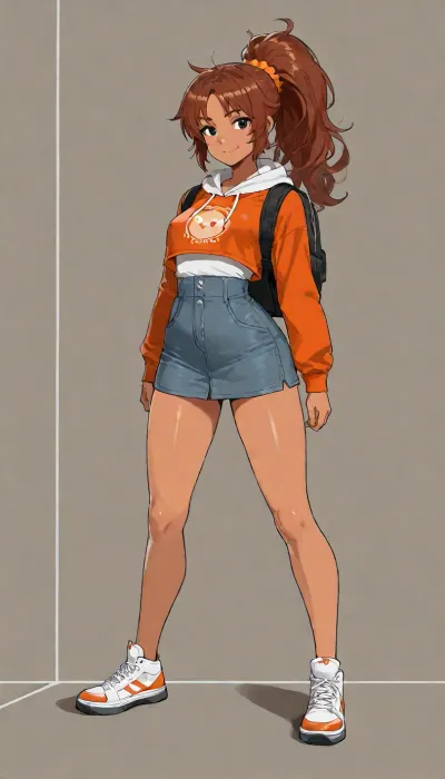 20-year-old Malika from Nate is Late, (2018), aged up, same exact cartoon art style. Tan skin, black eyes, long dark brown hair in a high ponytail with orange scrunchie. Wearing a fitted light red hoodie over a white crop top, high-waisted teal mini skirt, white-orange high-tops, grey backpack. Confident, friendly smile, full body, dynamic pose, clean 2D animation style of the original series, vibrant colours, cel shading.