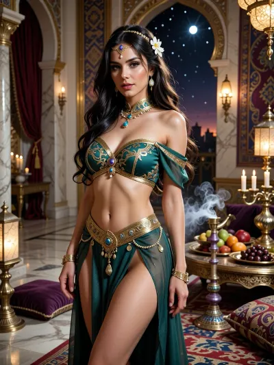 Photorealistic cinematic photography, vertical full-body portrait, slightly low angle, 50mm lens, natural perspective, moderate-to-high depth of field, high resolution, extremely detailed.

A stunning adult woman, concubine of the Grand Sultan, stands gracefully at the center of a magnificent Ottoman-inspired fantasy palace chamber. Elegant posture, one hip slightly tilted, graceful arched torso, head held high, direct captivating gaze, half-lidded dark-brown almond eyes, enigmatic knowing smile. Fair warm complexion with realistic skin texture, luminous candlelit skin and natural facial proportions. Long, voluminous ebony hair with subtle warm highlights flows over her back and shoulders, silky individual strands framing her face, decorated with small white jasmine flowers. Kohl-lined eyes, defined lashes, subtle golden eyeshadow, shaped eyebrows, deep rose-red lips and delicate golden shimmer on cheekbones.

She wears luxurious eastern concubine attire in emerald green and gold, a fitted embroidered silk bodice with intricate gold thread, pearls and tiny gemstones, elegantly exposing shoulders and midriff. Translucent flowing silk layers create a sophisticated, sensual silhouette. A flowing sheer skirt wraps around her hips with a high side opening revealing long toned legs. Ornate gold waist belt with coins and tassels, delicate gold arm cuffs, ankle bracelets with tiny bells, and an elaborate jeweled headpiece with a cascading gold chain across her forehead.

Magnificent palace interior, mirror-polished marble floors, tall marble columns with intricate gold carvings, rich silk tapestries in deep red, purple and gold, ornate brass lanterns and candelabras, low tables with golden platters of exotic fruits, dates and sweets, jeweled hookahs on silk cushions, incense burners releasing delicate smoke around the lower figure, scattered luxurious rugs and silk pillows. Large arched windows reveal a star-filled moonlit night.

Warm atmospheric candlelight and lantern glow, soft flickering highlights, golden illumination across skin, hair, jewelry and embroidered fabrics, subtle reflections on polished marble, low-to-medium contrast, dreamy luxurious cinematic mood. Incense smoke adds depth and mystery.

Composition, subject centered and dominant, visual emphasis on face, expressive eyes, ebony hair with jasmine flowers, jeweled headpiece, elegant silhouette and ornate costume. Background elements remain detailed but slightly softened through cinematic depth of field.

Color palette, emerald green, antique gold and deep red as primary colors, purple, ivory and warm amber secondary, black, pearl white and jasmine white accents.

Style, photorealistic cinematic photography, historical oriental fantasy, luxurious palace aesthetic, sensual elegance, high fashion, mystery, passion and fairy-tale atmosphere. Realistic skin, silk, embroidery, jewelry, marble and atmospheric smoke. No modern elements or anachronisms.