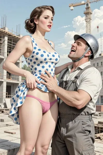 This is is a detailed monochromatic pencil drawing in a classical illustrative style depicts a scene set in USSR in 1950s, bright, colorful colors, summer, bright sunshine, Beautiful sexy brown elegant hairstyle mother stands leaning over at the construction site, wearing in polka dot summer dress, the hem of the dress is pulled up, pink panties are visible, fully clothed very ugly lustful fat construction worker in the coverall and a construction helmet who are hard Grabs her pubic by fingers, looking up, seductive face, The man laughs mockingly, The overall mood is intense, rendered in fine, expressive line work and subtle shading, evoking the style of 1950s satirical or moralistic illustrations.