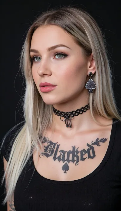 A black top with Blacked written on it, QOS choker, spades tattoo, spades earrings, blonde bleached German woman, 30yo, long hair.