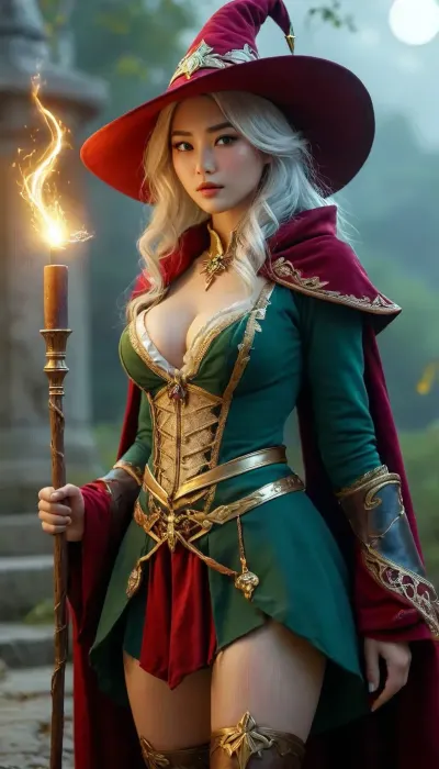 Wizard School, by night, at a hill, in front of a tomb, full moon, 8k, best quality, (masterpiece), (intricate details), perfect eyes, perfect face, perfect lighting, beautiful, high detail, octane render, detailed eyes, (full-body shot), (sexy female Asian wizard student, curvy body, large breasts, silver hair), bordeaux wizard school uniform with golden ornaments, bordeaux wizard hat, bordeaux wizard cloak, boots, black eyeliner, cleavage, large breasts, performing magic with wand in hand, showing modest cleavage, Craft a luminescent multicolor lightning bolt, JS_ShortSkirt, <lora:MJ52:.8>, <lora:Portrait_perfection:.8>, green, eyes, blue, brown, perfecteyes, <lora:PerfectEyesXL:.8>