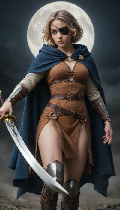 Alicia from clavetess, anime full-body shot of a young woman adventurer standing, dynamic pose, fighting pose, short blonde hair, black eye patch over her left eye, scar visible on her forehead, blue right eye, wearing a dusty rose hooded cloak over a beige-olive short dress, a brown leather x-shaped harness over her chest with a metal ring, a brown belt with a silver buckle, brown armored boots, holding a sword with a golden hilt in her right hand, (The sword blade is glowing red), holding a sheathed sword in her left hand, moon night in the background, brown and gold scabbard, scar patterns on her left thigh, solid black background, art style inspired by anime and manga, clean linework, cell shading, character design