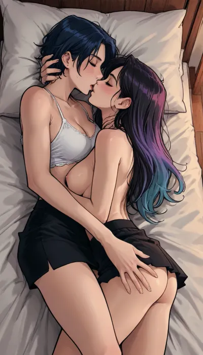 (Melkor mancin meets gavatino style), reiq style, Cel-shaded, inked lineartalone, 2 girls, in bed, (nighttime), blue cinematic cold light, (first girl holding other's neck), (second girl's hands on other's body), light shade colored hair, lesbian sex, kissing, (black skirts), perfect body, skinny, medium breasts, adult, accurate hands, perfect arms, all fingers, accurate legs, <lora:checkpoint-e18_s306:1.5>, <lora:Her_Eyes:1.3>, <lora:mk_Bp Anime_xl:1.4>, <lora:lineartSDXL:2>, <lora:EnvyBeautyXL01:2>