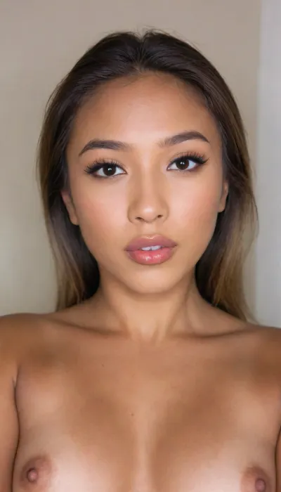 A Filipina's slut face, (27 years old), . dark brown tanned skin, (full lips, dark-beige nude-lipstick), masculine jaw, looking straight at camera, portrait