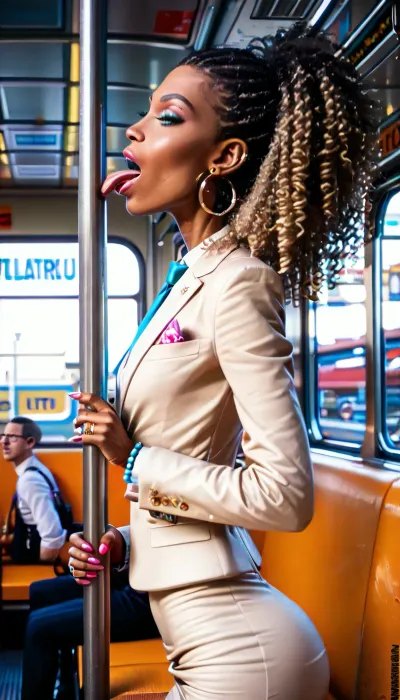 dark-skinned female, kinky hair, brown medium hair, Earrings, White shirt, tan blazer, tan pencil skirt, on train, holding Pole, (sexy licking Pole:1.1), side view, crowded, (Extreme hollow back, bimbofication:1.2), (Ultra skinny:1.463)