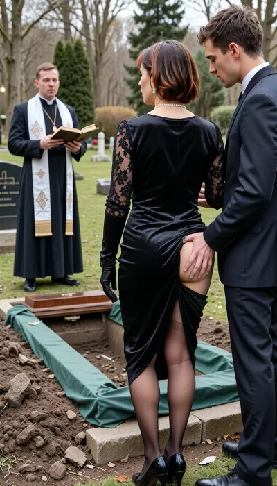 Wide shot of the scene, showing all the characters in full.A full-body view at a distance of 4 meters, from head to toe, in a cemetery. Back view of a widow and a young man standing side by side near a grave. The priest stands on the other side of the long, open grave, facing the camera, wearing his cassock and liturgical vestments, his Bible open, speaking to the couple. Earth is piled near the grave, covered with a green shroud. The mahogany lid of the coffin is barely visible.

The couple stands side by side, their gazes directed towards the priest in the background., (The elderly woman, 70 years old:1.8), . Her skin is that of a 70-year-old woman. The old woman has dark brown hair with copper highlights, (small, long, very sagging breasts:1.8), ((very detailed skin)), . Hair cut in a bob. Pearl necklace, long black gloves. She wears a long, matronly black satin dress with black lace sleeves, (the dress is hiked up in the back to fully expose her buttocks:3.8), . Black stockings, black high heels, wide buttocks. Unbeknownst to the priest, the young man places his hand on her plump buttocks and squeezes them.

The man, dark-haired with tousled hair, is in his twenties. Dressed in a dark suit, he stands near the widow and squeezes her bare buttocks beneath her hiked-up dress.

The widow, for her part, caresses the young man's penis through his trousers.
