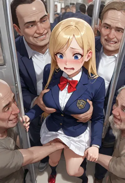 (Standing:1.4), realism, forced, reveals, open legs, feets, arched back, short French girl, {{ perfect face, masterpiece, big eyes, (wide-eyed:1.2), (crying:1.5), (young French girl:1.2), (the girl is 18 Years old French girl dressed in no panties and white skirt and Navy blue blazer and white shirt and red bow tie and Black socks and red shoes and Silver ring bracelet), (Navy blue blazer:1.5), blue eyes, (blonde hair:1.3), (forehead:1.3), (swept bangs:1.4), long hair, (natural straight hair:1.3), (crying:1.4), indoors, groping, (grabbing:1.6), (gangbang:1.5), fingering, finger fuck, covers, submissive petite short, sexwife, hotwife, sharing, ntr, nts, sexy arousing outfit, exhibitionism, striptease, flirts, thick thigh, orgy, (hands, caress, a, girl body:1.3), {, (55 years old ugly Asian men:1.5), (ugly old man:1.3), (smiling men are clothing shirts:1.2), }, (in train)