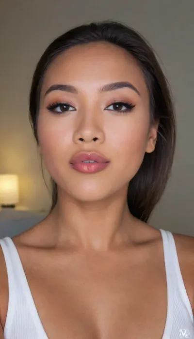 A Filipina's slut face, (27 years old), dark brown tanned skin, (very full lips, dark brown-matte lipstick), masculine jaw, looking straight at camera, closed lips, face portrait, round face