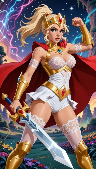 Tennie wife, she beuty-latin-horby, (mood Barbie gordita caderona 6), stroking lace, Sexy boodysuite, bootylicius, ass booty Big, Full-body illustration of She-Ra sexy booty biger, from She-Ra and the Princesses of Power, lace erotic colours g string mini, (2018), modern animated series style, athletic build, messy blonde ponytail, golden crown with red gem, gold and white battle armor with blue jewel, red cape, Bimbo breats, short white biker shorts under skirt, practical gold boots, holding the large Sword of Protection, dynamic action pose, colorful magical Etheria landscape background, vibrant modern color palette, clean vector art, 8k, (freckles:.12), (acne:.12), Cannon EOS 5D Mark III, 85mm