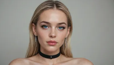 beautiful face, (sharp high cheekbones, sharp wide jawline, pointed chin:1.3), deep-blue eyes, subtle charcoal-gray eyeshadow, sharp thin black tightlining, long black eyelashes, soft medium-thin deep-brown eyebrows
full plump lips, glossy nude-pink lipstick
long straight blonde hair
long triangular crystal earrings, choker