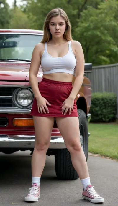 perfect photo, 4k realistic, Side lighting, low-key lighting, (masterpiece, optimal quality, photorealistic), inside the quiet, ordinary garage of a suburban family home.A 16-year-old girl—very full-figured and obese, with long light-brown hair, bangs, and a side part—is dressed in a tight white camisole, a hiked-up dark red skirt, short white cotton socks, and black Converse All-Star Lo Lift sneakers. Looking demure and innocent, she is bent over the hood of her father's car, her boyfriend's hand covers her mouth, her pale pink bikini panties are pulled down to her ankles, and her body tenses with each deep, vigorous thrust. Her eyes are wide with terror, and she wears a look of helplessness, she covers her mouth with her hand to stifle her moans and loud cries.Her 19-year-old boyfriend—with short, tousled blonde hair, wearing a gray T-shirt, blue jeans, white boxers pulled down to his ankles, red-and-black Nike Court Borough Low Recraft sneakers, and a sports watch—stands behind her. He holds her firmly by the hips with both hands and penetrates her vagina from behind, (doggy style), his face contorted in an expression of intense sexual orgasm.The scene is illuminated by a single bare lightbulb casting long, dramatic shadows that underscore the illicit nature of the act, hyper-detailed rendering, emotional contrast, explicit content, (NSFW), .
