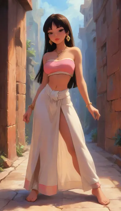 ((Chel From The Road To El Dorado, black hair)), ((chel as a milf)), (wearing clothes), dymatic pose, (Chel from The Road to El Dorado as mature woman), full-body character design, confident and playful expression, long flowing dark brown hair, warm tan complexion, wearing her iconic outfit, a simple cream-colored bandeau-style crop top exposing the midriff, long flowing deep red/maroon wrap skirt with a high side slit, ornate gold hoop earrings, gold necklace, gold bracelets and jewelry, barefoot, graceful confident pose, stylized late-15th-century Mesoamerican-inspired aesthetic, vibrant colors, cinematic warm golden lighting, detailed fabric and jewelry, adventurous exotic atmosphere, polished high-quality 3D animated-film character art, full body, dynamic composition., (very detailed faces:1.2), (big breasts), ((Eldorado royal bedroom background)), anime, samdoesarts, (j_cartoon:1.5), Drawing, <lora:samdoesarts1.1-000030:.5>, <lora:J_cartoon:.8>, <lora:Animated_Concept:.5>
