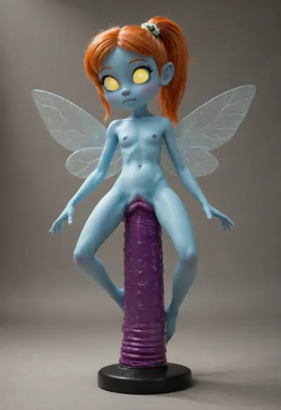tiny odd little pixie, long spindly arms and mantis-like proportions, no pupils, glowing eyes, anime style, blue skin, f/1.4 lens, bokeh, tiny Daisy fairy princess, insect wings, see-through gossamer, in heat, in a video game, bombshell hair, glowing ginger hair, side ponytail, handstand, (((Giant pussy BlackDildo))), hyper massive huge extreme insane pussy dildo, extreme pussy insertion, Largest dildo possible, huge pussy toy, full body view, skinny small body, Tiny body, extremely wide dildo too big for futa and stretches pussy to breaking point, hyper extreme dildo wider than her thigh, pussy dildo, extreme insertion, hyper insertion, Biggest dildo imaginable, show full body in view, <lora:EnvyPixieXL01:.8>