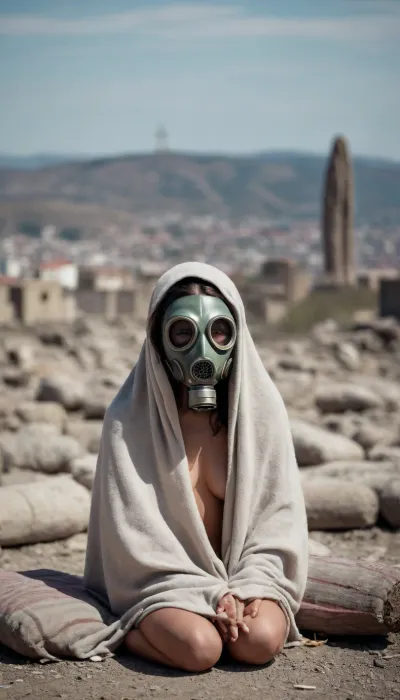 Woman with gas mask, her head covered with a long blanket similar to the Virgin of Guadalupe, holding a missile in her arms, completely naked, sitting on a stone, with a destroyed city in the background and naked women's bodies sleeping on the floor