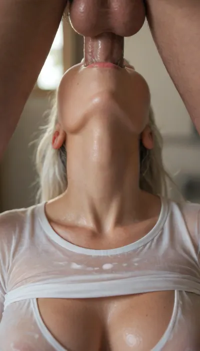 woman, (milf, white hair, high ponytail, wet shirt, big breasts, panties, glistening skin, skinny, closed eyes), (leaking cum:1.2), upside-down, (throat fuck:1.9), close view