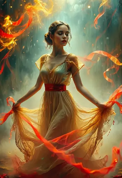 colorful art of crazy female contemporary dance wallpaper. on worn paper, dynamic, gleaming ghostly gold, epically atmospheric fog, red ribbons. /KlTTY-ART/, <lora:COMFYUI_mimic_landscape_-_XL_SDXL v2.0:.1>, <lora:attractive_notrigger:.1>, <lora:MJ52:.1>