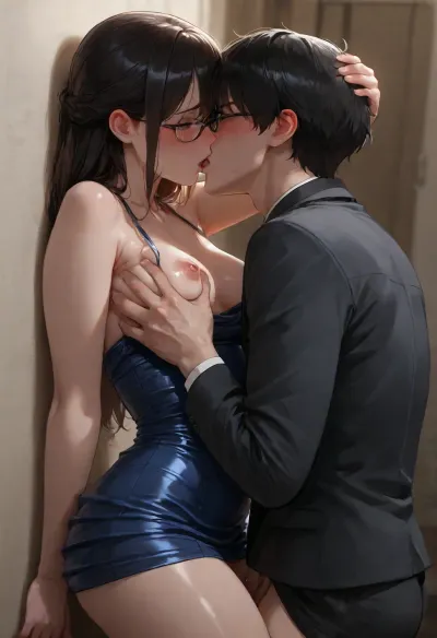 (Nerdy 19yo Vietnamese american girlfriend is fucking her male prom date:1.8), (he presses her against the wall with her hands above her head), (passionate kiss), (groping), small breasts, Glasses., (long smooth black hair escaping from a fancy updo), (aroused:1.8), (braless), (hard nipples), (blushing:1.6), (Wearing blue prom dress:1.2), Photorealistic, (focus on perfect face:1.2), french kiss, <lora:dark:1.1>, <lora:french_kiss_xl_v1:.8>