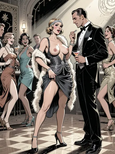 (detailed colorized pen and ink sketch:2), extremely stylized background, in a graphic style ——————-, a scene in a 1920’s style ballroom. a woman with an athletic body and big tits is standing in the middle. She’s wearing a sexy 1920’s cocktail dress, a boa, and a 1920’s headband. One tit has fallen out of her dress. She lifts up her skirt, and is fingering herself. She has the look of a cheeky temptress. A man in tuxedo, holding sm martini is standing next to her, she is trying to seduce him. Around her, Several young Couples are wearing sexy 1920’s outfits, laughing with joy, and are dancing the charleston. Cinematic lighting, stylized background, masterpiece --------------------------------------------------------------------------------------------

The artwork uses soft-contrast linework and cross-hatching for texture and depth, with a stark, graphic quality reminiscent of French comix. The lighting is implied through strong shadows and line work, creating a dramatic, theatrical mood. The overall style is illustrative, with exaggerated proportions and a focus on narrative and character interaction.