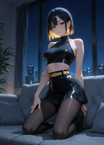girl alone, skinny, adult, (cold blue color-grading:1.2), indigo blue tone lighting, short hair, (black dark hair:1.2), light-yellow hair-ends, neutral skin tones, black pleated flared mini skirt, skirt above-knee, soft satin-matte fabric skirt, light-yellow belt, black glossy leather halter crop top, high mock neck, sleeveless, bare shoulders, wide band hem, on sofa, (kneeling:1.2), standing, at apartment, nighttime, pantyhose