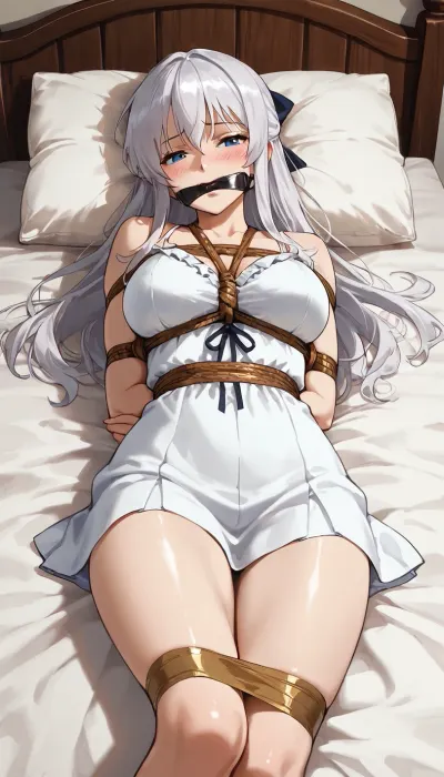1girl, suou yuki, (alya sometimes hides her feelings in russian), silver hair, tied to bed, chains, lying on bed, gag, (adhesive tape), summer outfit, blush, gentle breeze, detailed face, cinematic composition, anime style, ultra detailed, best quality, masterpiece, 4k, ((improve_image))
