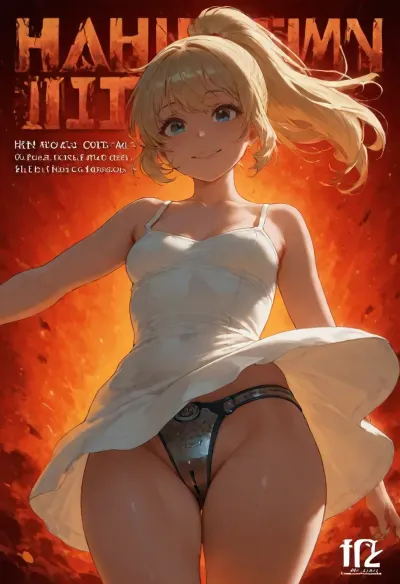 commercial poster, ads, prices, (red hell background), woman, (plump:.9), (bare neck:1.2), (blonde ponytail), blue eyes, (small breasts), (sports cotton dress), (futuristic titanium chastity belt), happy, smile, (her body radiating holy light), walking, zoom to lock, wind, upskirt view, view from down, dynamic, moving