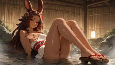 1girl, solo, 30yo, (((Viera))), (voluminous extremely long dreadlocks, hair ornaments), slim body, (fur:1.8), perfect eyes, (deep gaze, smirk, looking at viewer), wet skin, large hoops, body ornaments, hairband, (freckles), ((bindi)), (small breasts), geta, obi, (highly detailed pussy, pubic hair), (groping one breast, caressing her leg), ((bathing in onsen, steam)), full body view, highres, best quality, ac_neg1, <lora:add-detail-xl:1.4>