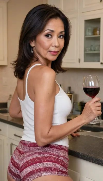 rear view Photo of sexy cute beautiful petite 65 year old Filipina granny, slutty cougar type, ((oval face)), ((full cheeks)), Asian eyes, ((big broad mouth, glossy lips)), (((raised eyebrows))), ((round high arch eyebrows)), (((smoky cateye makeup))), long fake eyelashes, ((black long hair)), ((((wrinkles on face face)))), (((aged face and body))), dark Brown eyes, soft features, flat nose, (((very small petite body))), ((rear view shot from behind standing in a mansion kitchen at night looking back at viewer, holding a wine glass)), (((wearing a skimpy low cut white ribbed tank top and high waisted bohemian print pajama shorts)), (very big round fake tits), smoldering expression, (shot from behind))
