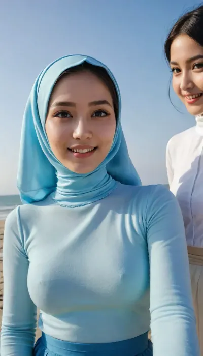 Iphone photo, fashion editorial, masterpiece, 3 asian hiijab girls wearing soft texture shirt, highly detailed face, dreamy eyes, undercap covering forehead, turtleneck, light blue, long sleeves, small tight breasts, perky nipples, big hard areolas, long skirt, ruffle lining, ribbon ornaments, smile, happy, strong front shadow, beach, clear blue sky, selfie photo, closeup, hentai anime style, vector graphic style