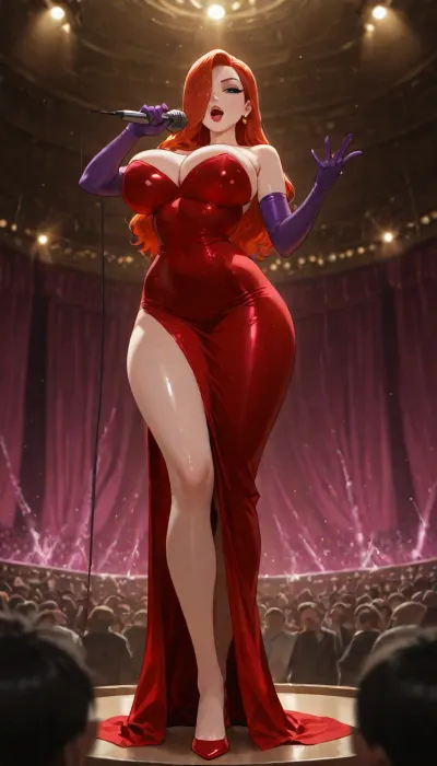 masterpiece, best quality, absurdres, newest, highres, very aesthetic, 1girl, solo, mature female, adult, jessica rabbit, who framed roger rabbit, red hair, long hair, wavy hair, pale skin, green eyes, beautiful detailed eyes, red lips, heavy makeup, extremely large breasts, narrow waist, wide hips, thick thighs, long legs, curvy, hourglass figure, red dress, tight dress, strapless dress, long gloves, purple gloves, high heels, standing, on stage, singing, holding microphone, singing into microphone, hanging microphone, microphone from ceiling, crowd, audience, many people, spectators, concert stage, spotlight, stage lighting, dramatic lighting, rim light, detailed face, detailed eyes, intricate details, highly detailed, (hanging microphone:1.25), suspended microphone, ceiling mic